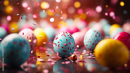 Colorful Easter eggs in motion, suspended in a festive atmosphere with confetti, symbolizing spring celebration, joyful traditions, and holiday fun