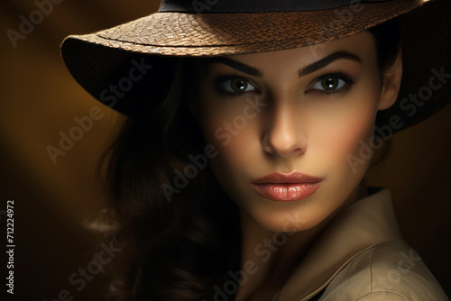 Old fashioned detective or mafia man woman in retro style hat Generative AI picture portrait
