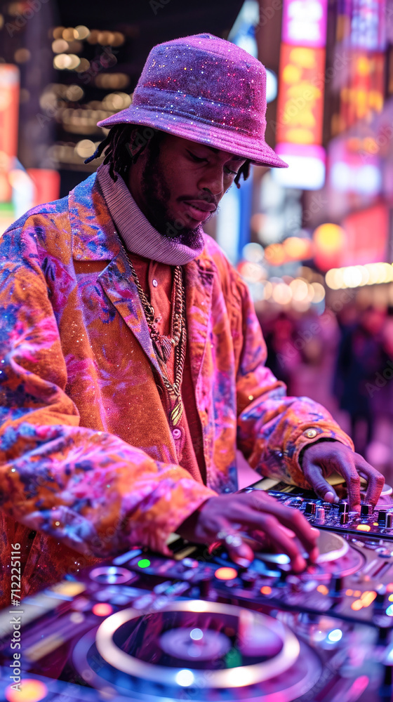 Male DJ playing music at Times Square in New York