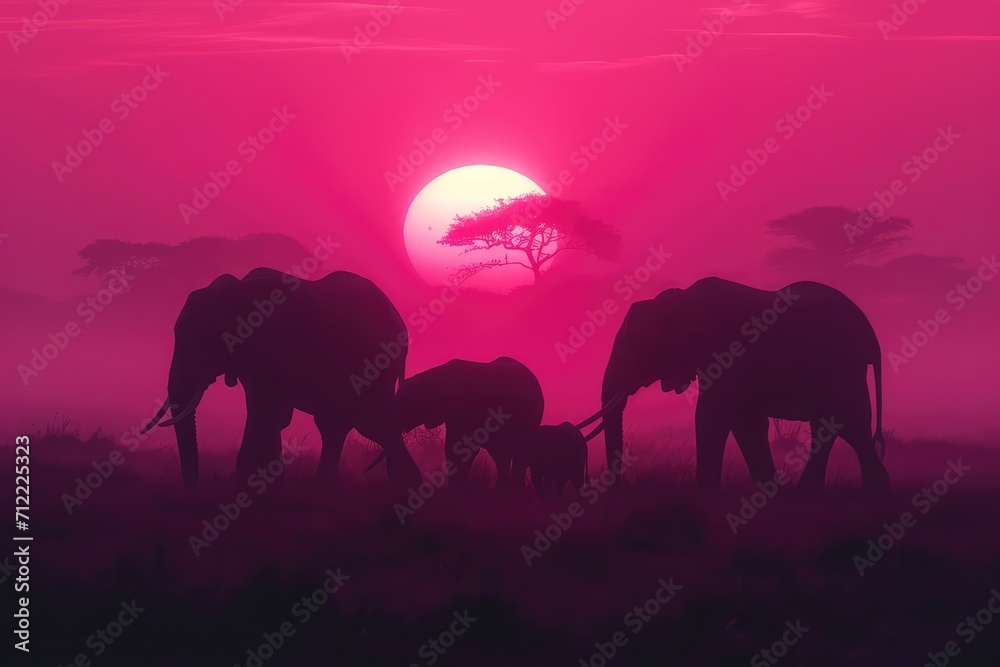 family of elephants silhouetted against a pink African sunrise, trunks raised in greeting