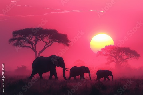 family of elephants silhouetted against a pink African sunrise  trunks raised in greeting