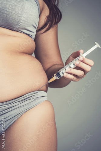 Woman holding a syringe for injection in her belly. Conceptual photo of diabetes/slimming injection.