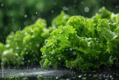 Lettuce flying around on black background with water drops