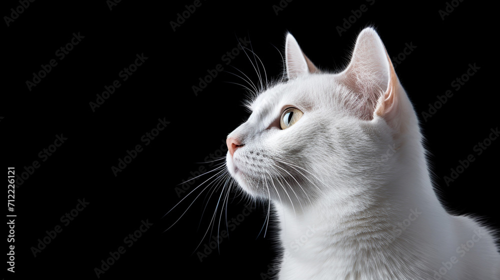 A white cat on a black background