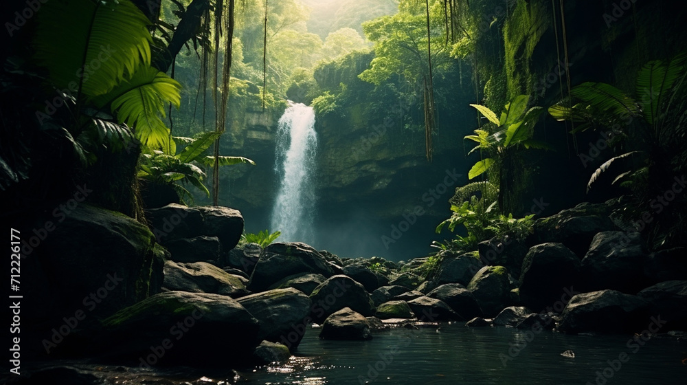 A waterfall in the middle of a tropical forest - obrazy, fototapety, plakaty 