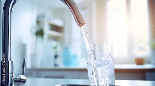 Clear Water Flowing from Kitchen Tap into Glass AI