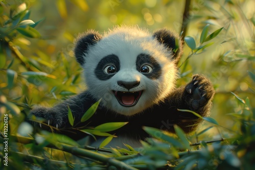 fluffy baby panda playfully tumbling in a bamboo forest