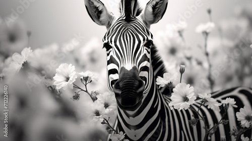 A zebra in a meadow with flowers  black and white photo