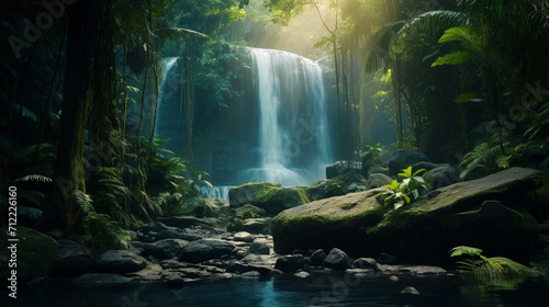 A waterfall in the middle of a tropical forest photo