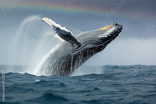 humpback whale breaching out of the ocean, casting a rainbow in its spray