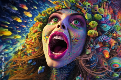 Woman experiences psychedelic trip with colorful drug pills.