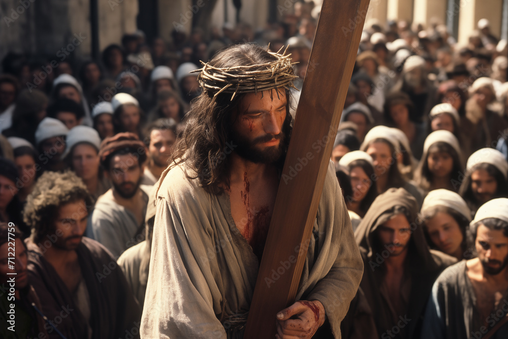 Jesus Christ via the cross, walking through the streets among a crowd of people with the cross on his back Jesus Christ via the cross, walking through the streets among a crowd of people with the cross on his back