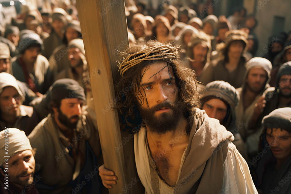 Jesus Christ via the cross, walking through the streets among a crowd of people with the cross on his back Jesus Christ via the cross, walking through the streets among a crowd of people with the cross on his back