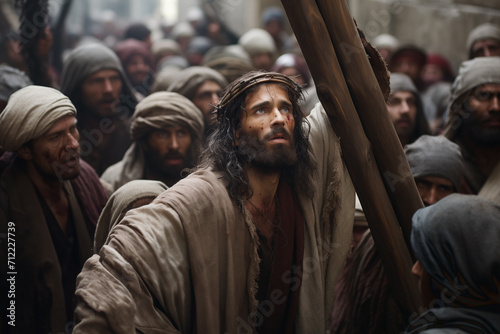 Jesus Christ via the cross, walking through the streets among a crowd of people with the cross on his back