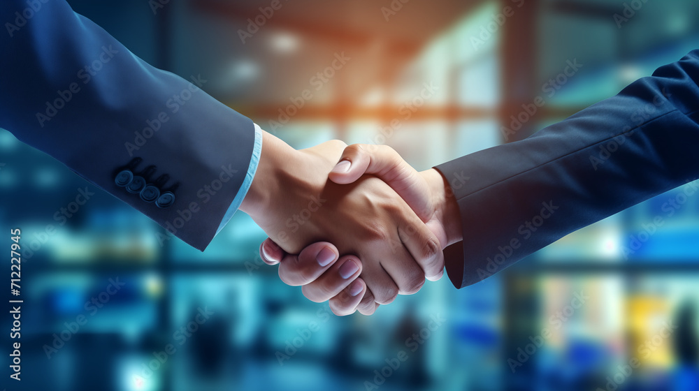 Professional Handshake in Corporate Environment. Two professionals in a firm handshake, signifying a business agreement or partnership in a corporate office setting. Professional Handshake in Corporate Environment. Two professionals in a firm handshake, signifying a business agreement or partnership in a corporate office setting.