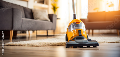 cleaning the floor and carpet with a vacuum cleaner at home, copy space. unchanging hygiene, bucket and lifestyle concept photo