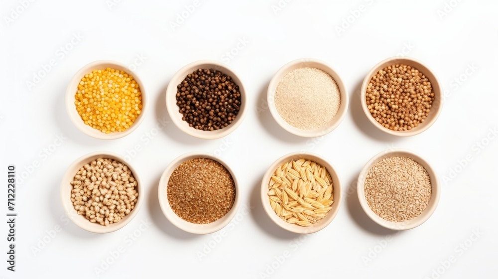 Top view of a variety of cereals in bowls on a white isolated background. Cereals, Food, Agricultural Products concepts. Top view of a variety of cereals in bowls on a white isolated background. Cereals, Food, Agricultural Products concepts.