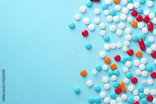 Colorful pharmaceutical medicine pattern on blue background.