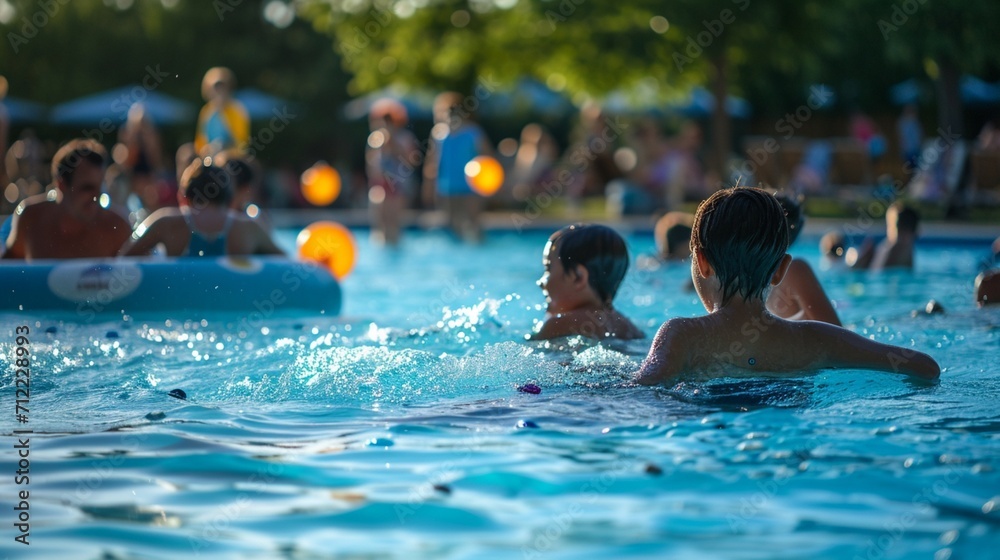 A family-friendly pool party with games, snacks, and parents joining in on the water activities with their kids