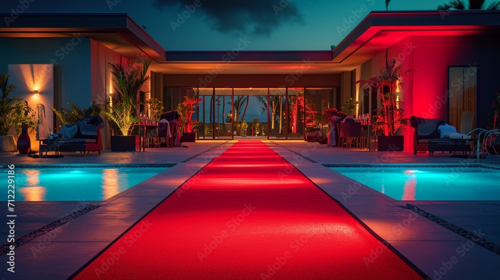 A celebrity pool party with a red carpet entrance