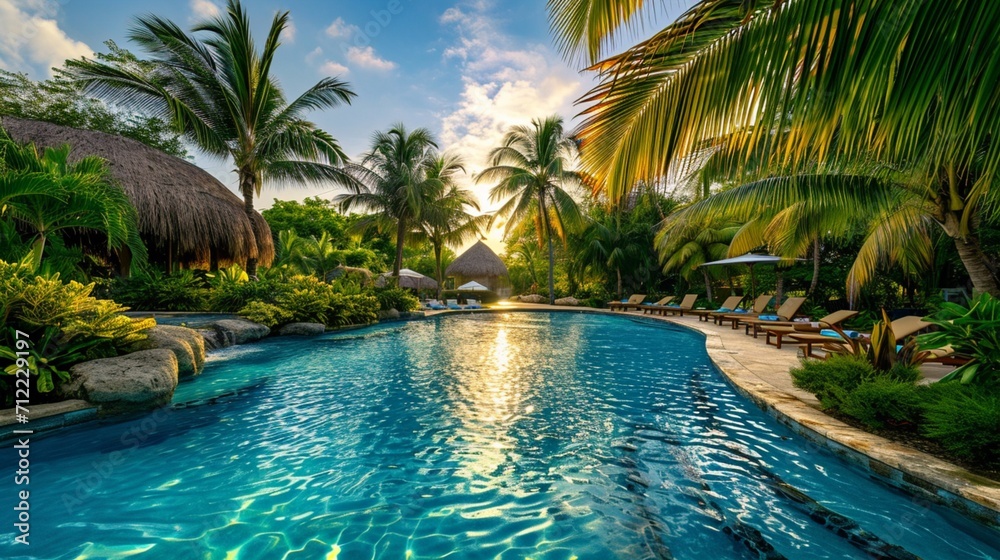 A tropical paradise at a poolside resort