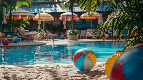 A pool party at a beach resort with a sandy area  beach balls  and beach-themed decor
