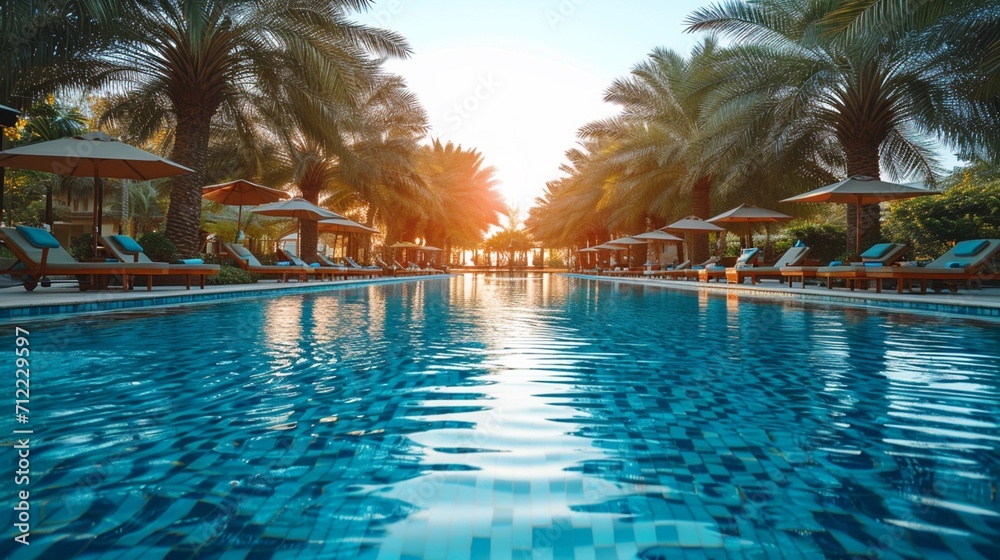 Fototapeta premium The shimmering surface of a luxurious swimming pool surrounded by palm trees and lounge chairs