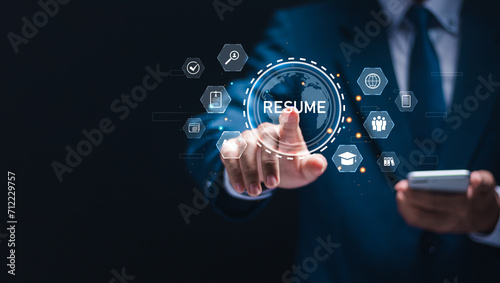 HR manager touch virtual resume word to checking resume for employee recruitment. Human resource management (HR), Screening employee information and job applicants.