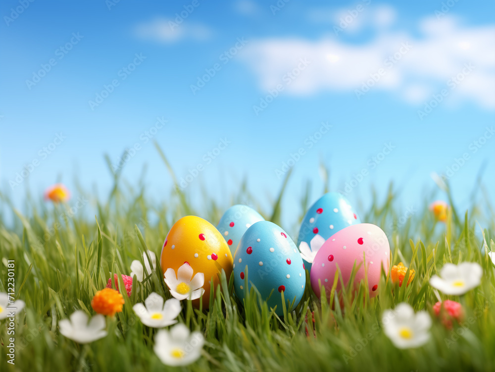 Easter eggs in the grass and background with sky