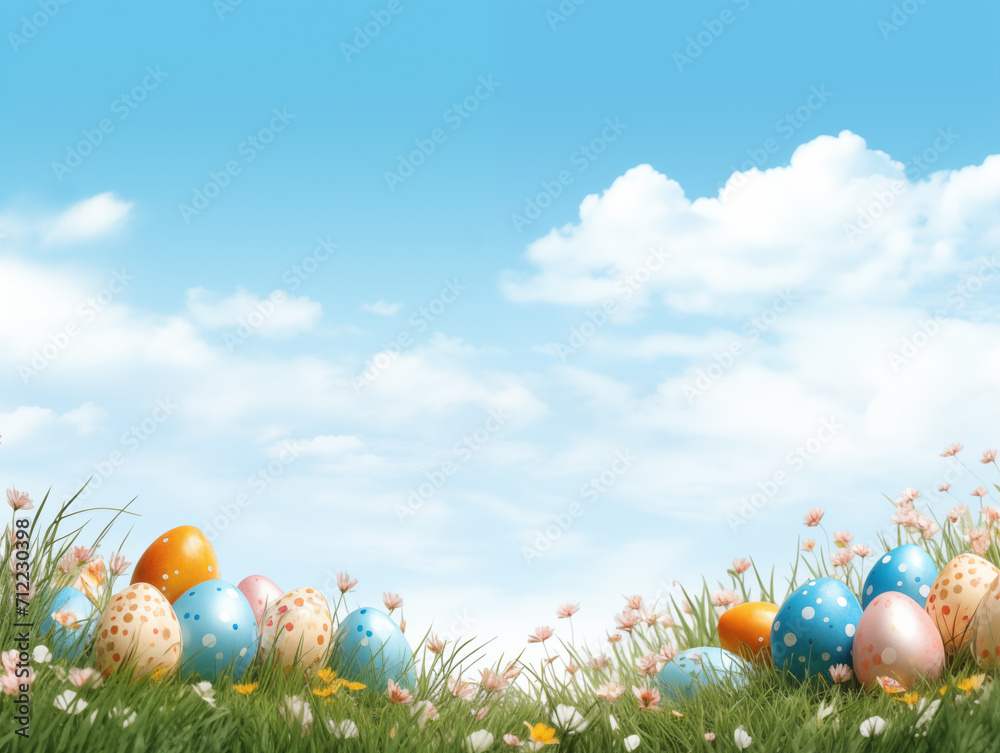 Easter eggs in the grass and background with sky Easter eggs in the grass and background with sky