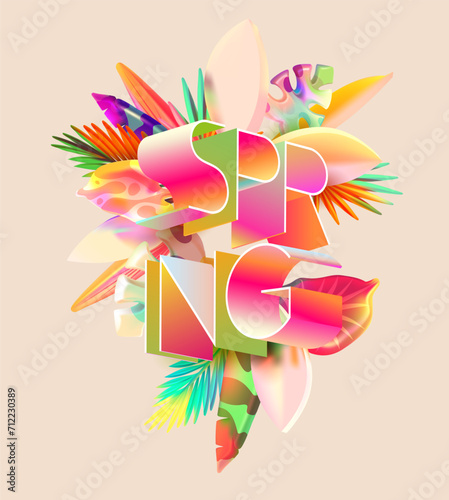 Season poster with word spring and realistic vector plant. Light 3D tropical leaves with typographic design.