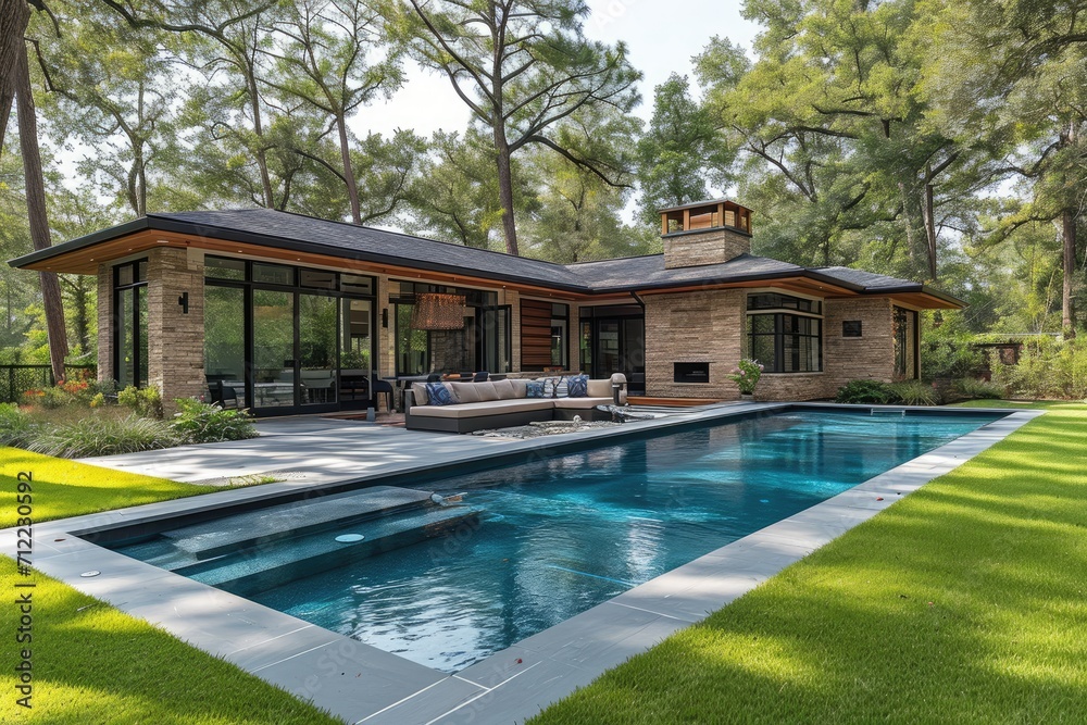 a pool backyard at modern minimalist house with a modern sofa ideas style inspiration