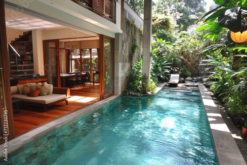 a pool backyard at modern minimalist house with a modern sofa ideas style inspiration © Ahmad