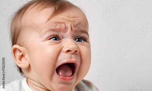 A small child is crying with his mouth open photo