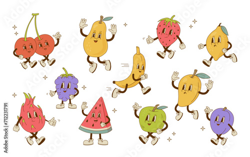 Set of funny retro cartoon fruit and berry characters. Vintage watermelon, cherry, blackberry, mango, pear, apple, dragon fruit, banana, strawberry plum, mascot. Nostalgia vector illustration.