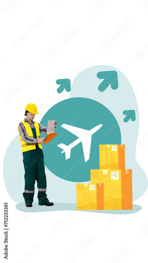 Obraz premium Contemporary art collage. Worker in safety gear checking clipboard against background with airplane and recycling arrows graphic. Concept of packaging standards in air transit, air transportation. Ad