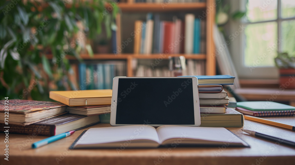 Laptop und Grafik Tablet auf dem Schreibtisch in der Schule oder im Studium mit blnko Display