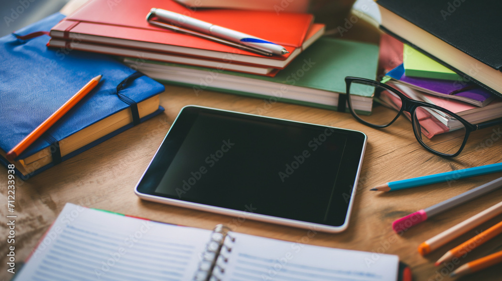 Laptop und Grafik Tablet auf dem Schreibtisch in der Schule oder im Studium mit blnko Display