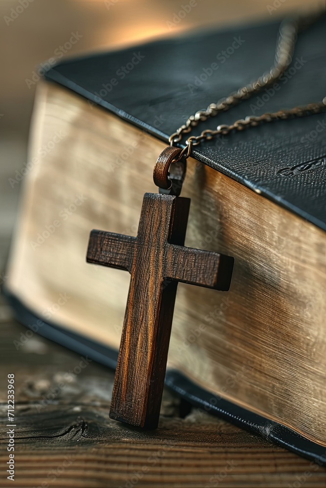 Closeup of wooden Christian cross necklace and holy Bible.