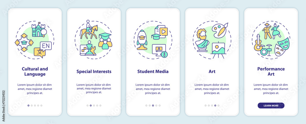 2D icons representing types of extracurricular activities mobile app screen set. Walkthrough 5 steps colorful graphic instructions with thin line icons concept, UI, UX, GUI template.