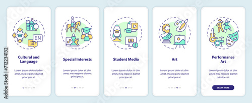 2D icons representing types of extracurricular activities mobile app screen set. Walkthrough 5 steps colorful graphic instructions with thin line icons concept, UI, UX, GUI template.
