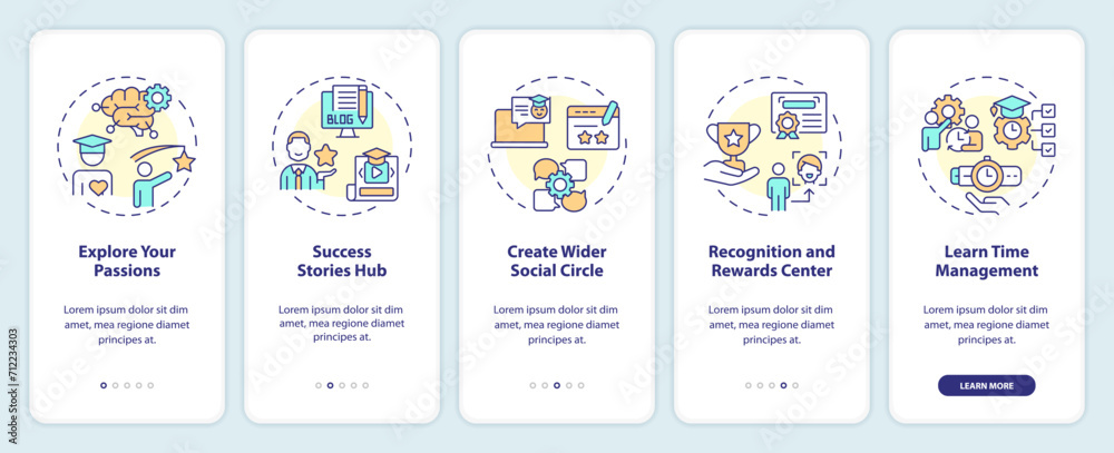 2D icons representing recommendations mobile app screen set. Walkthrough 5 steps extracurricular activities graphic instructions with linear icons concept, UI, UX, GUI template.