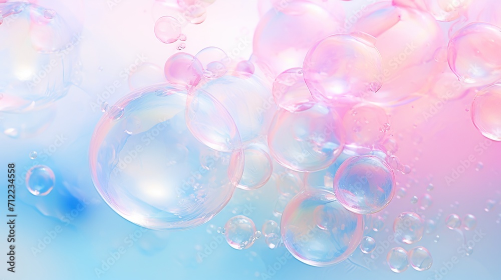 Abstract iridescent magical air bubbles on pastel color. Wallpaper with glass ball or water drops concept background. Generative AI