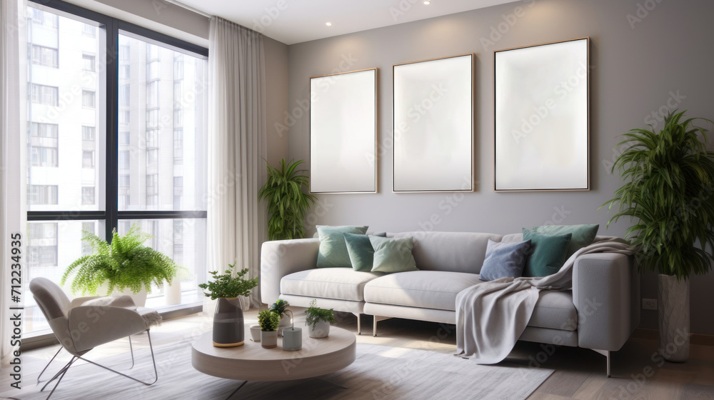 modern living room with minimal three empty photo frames