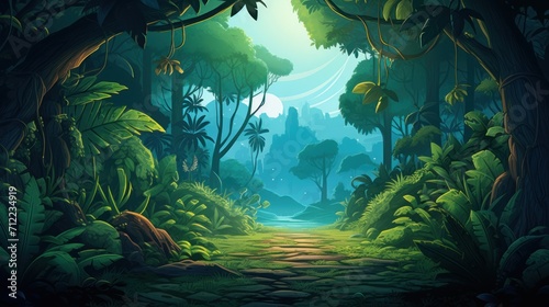 digital art of jungle with path way in center of background