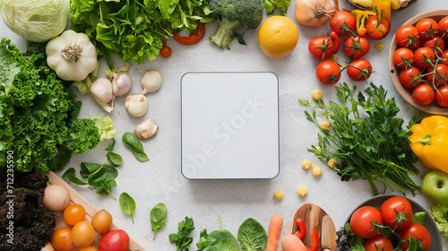 Gesunde Lebensmittel mit viel Gemüse einer digitalen Waage als Fitnesstracker von Kalorien und einem Standmixer in einer Küche Generative AI photo