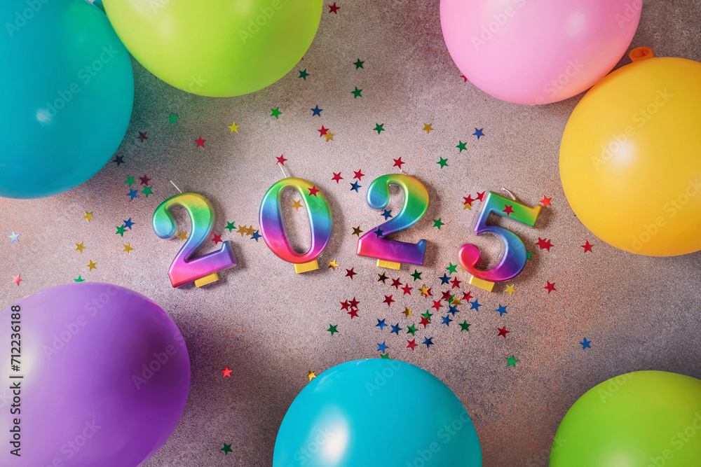 Holiday sparkling background Happy New Year 2025. Rainbow colored