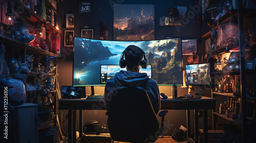 Gaming Paradise: Teenage Boy Immersed in Video Games in His Ultimate Gaming Haven