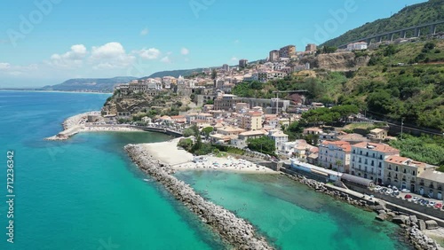 Pizzo Seaside Town and Beaches at Summer Vacation in Calabria, Italy - Aerial 4k Pedestal