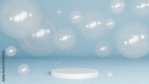 3D Rendering pastel blue background with podium and white water bubbles